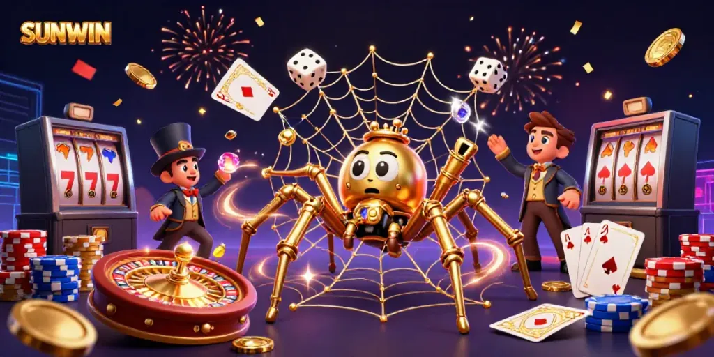 Engage with the vibrant SUNWIN illustration showcasing a steampunk spider capturing dice in an extraordinary casino scene.