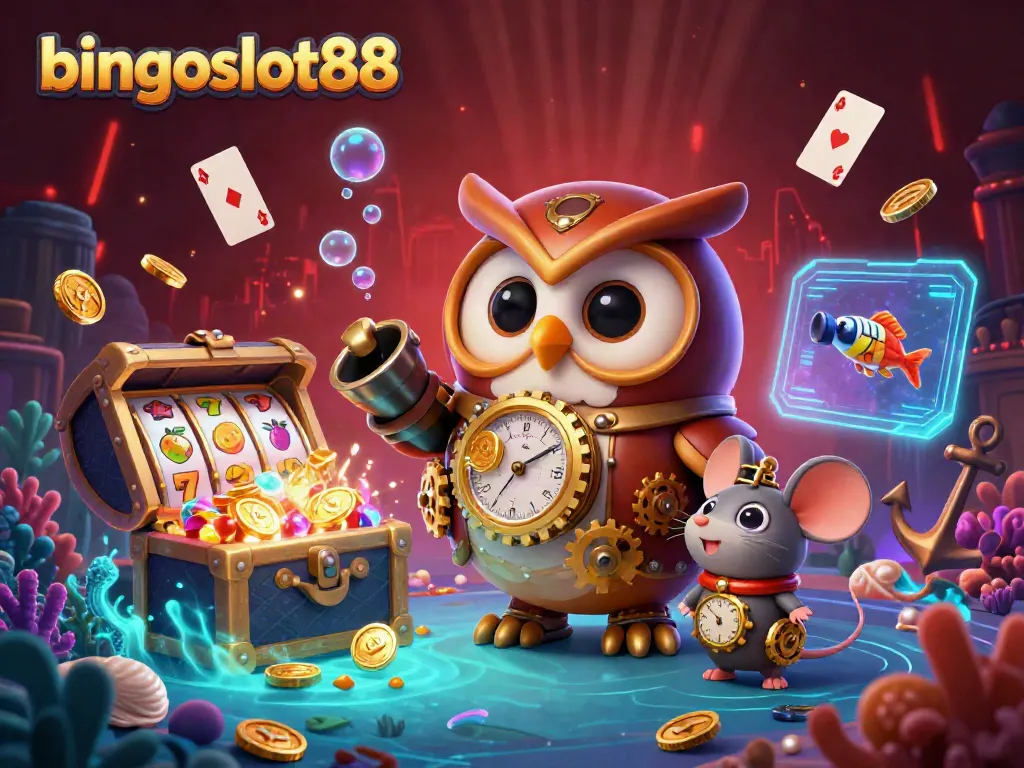 Memenangkan jackpot di bingoslot88 dengan karakter kartun 3D yang menggambarkan suasana kasino yang dinamis.