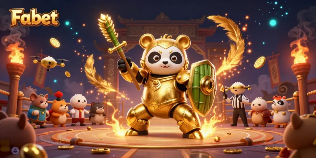 Experience thrilling action at Fabet with a dynamic golden panda piloting a robot in a vibrant casino arena.