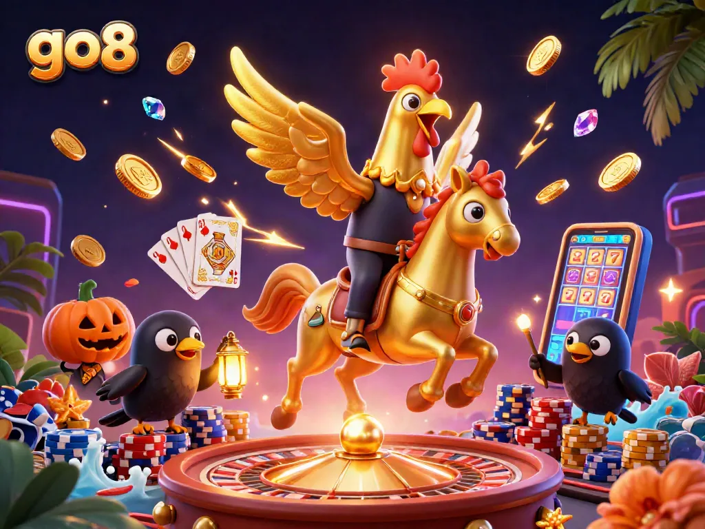 Experience thrilling action with go8's animated casino scene featuring a golden rooster and spectral horse.