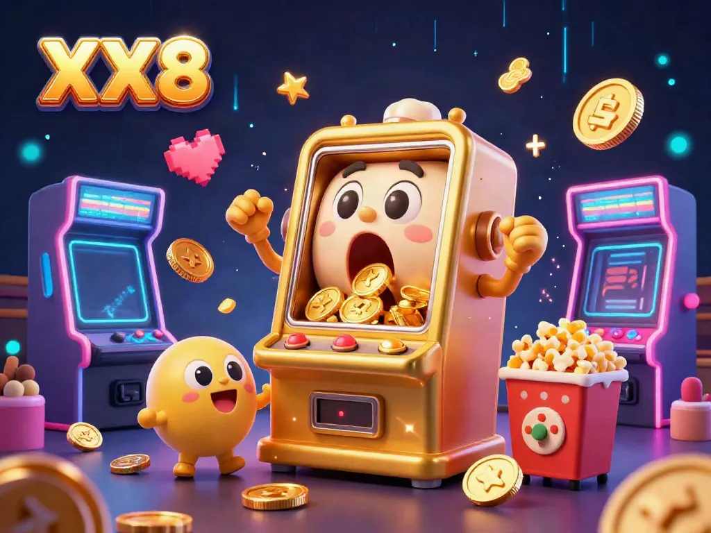 XX8's exciting jackpot celebration with a golden slot machine pouring coins and cheering baby slots in a dynamic casino scene.