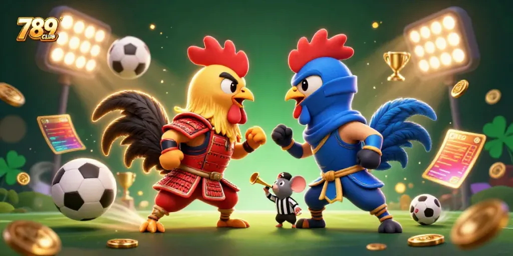 Engage in thrilling action with 789CLUB’s dynamic casino scene featuring cartoon roosters and sports elements.