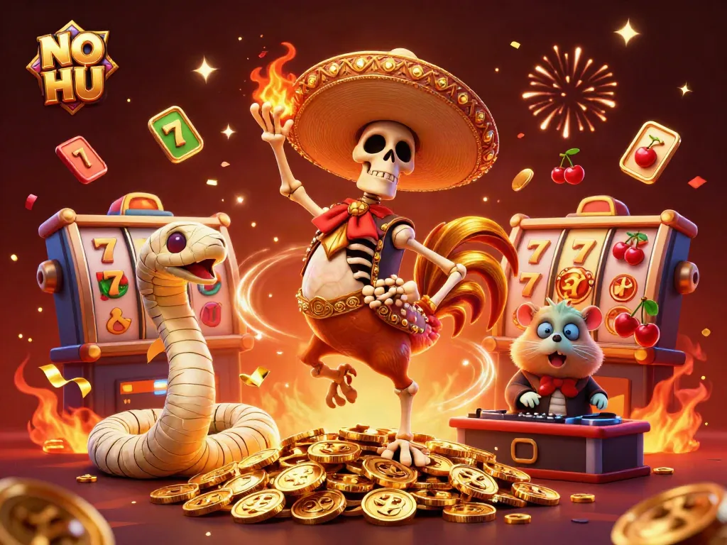 Celebrate NO HU wins with a lively 3D illustration featuring festive characters and slot elements