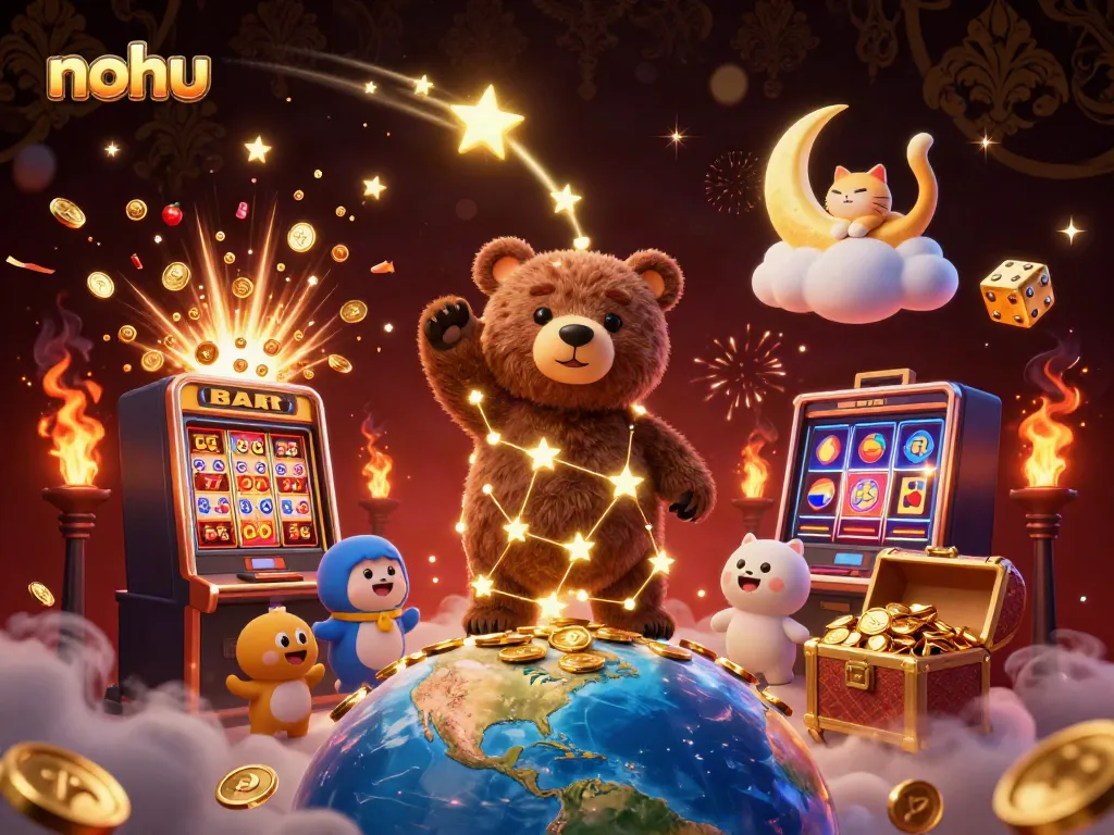 Engage in thrilling nohu gaming with explosive jackpots and vibrant casino elements in a colorful 3D scene.