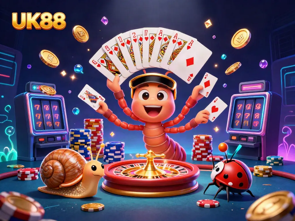 Experience UK88 gaming with a vibrant 3D depiction of a cartoon millipede dealer and exciting casino elements