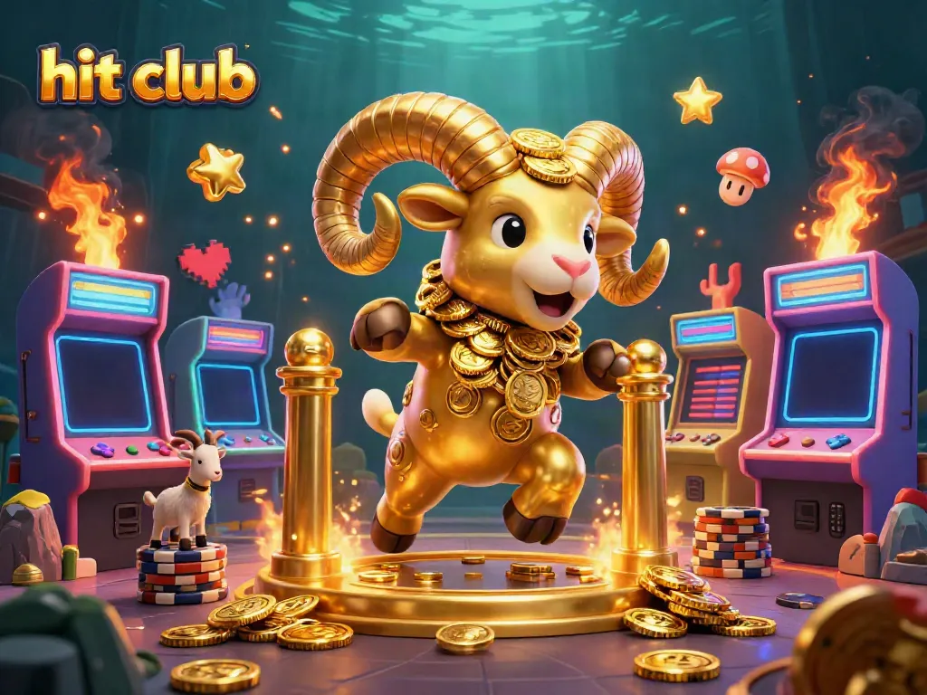 Experience thrilling action at hit club with a golden ram symbolizing victory surrounded by colorful gaming elements.