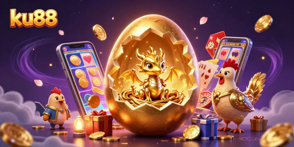 ku88 captivates players with a golden dragon and engaging casino action in a vibrant illustration.