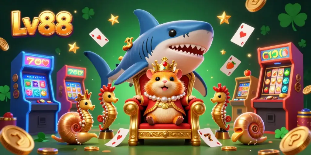 Engage in thrilling gameplay with Lv88, showcasing vibrant slots, a hamster king, and lively casino elements.