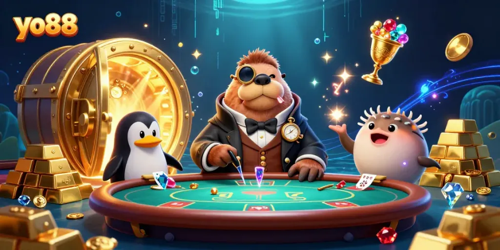 Join the fun at yo88 with a poker showdown featuring vibrant underwater characters and treasure.