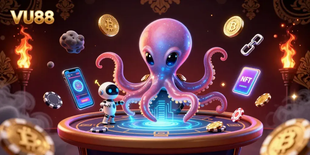 Join VU88's cosmic gaming adventure with an alien octopus at a holographic poker table.