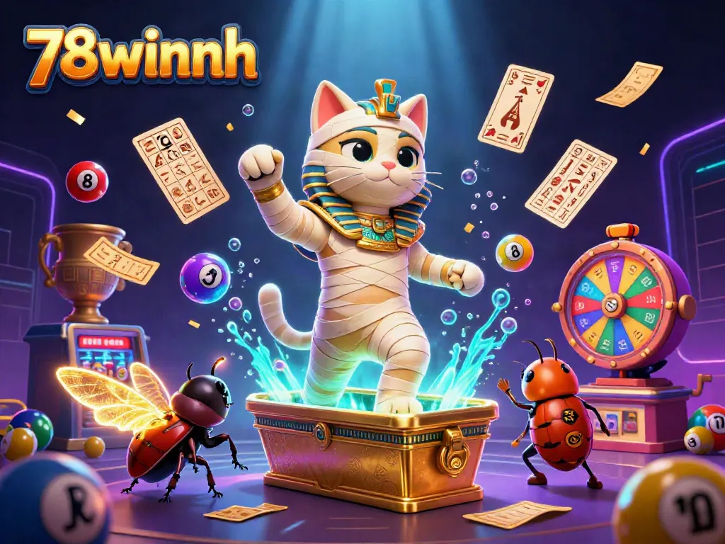 Engaging 3D illustration of 78winnh, featuring a mummy cat and a scarab beetle in a vibrant casino scene.