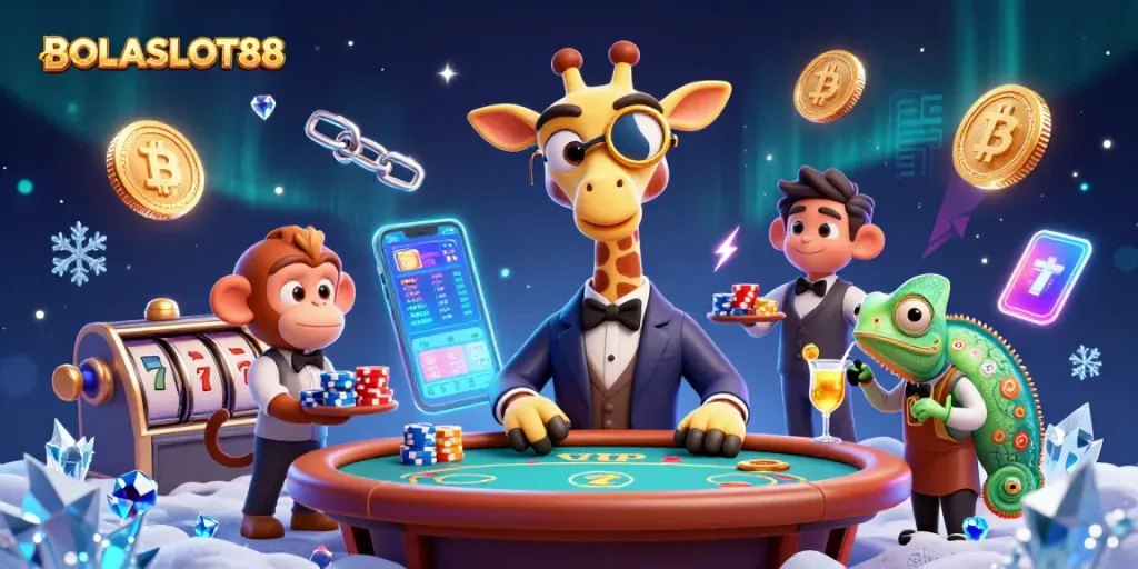BOLASLOT88 showcases an exhilarating scene with a high-roller giraffe at a poker table surrounded by casino elements.