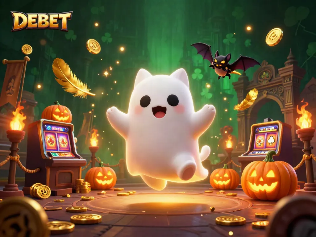 Play DEBET with a ghost cat and vampire bat in a vibrant haunted casino scene.