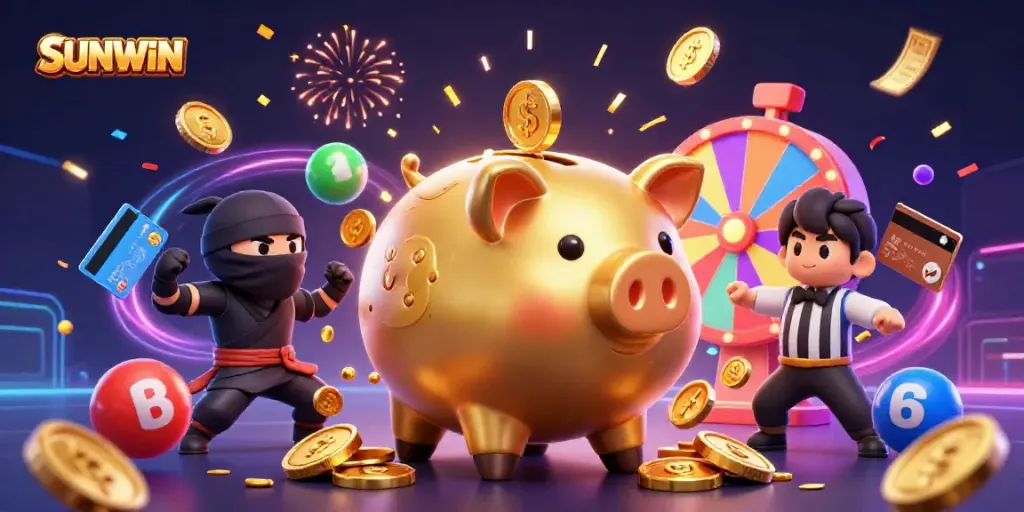 SUNWIN unleashing excitement with a golden piggy bank sumo wrestler amid a vibrant casino scene.