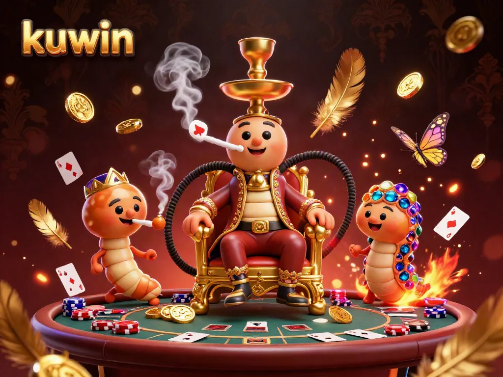 Kuwin showcases a vibrant casino scene with a playful caterpillar and dynamic gambling elements.
