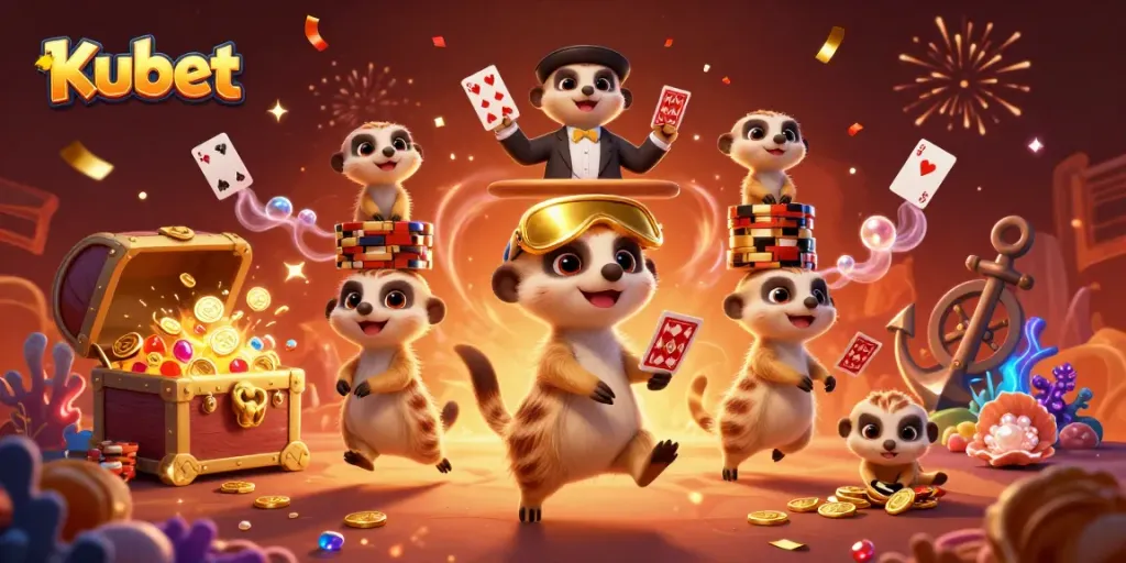 Kubet meerkats engaging in an exciting casino environment with colorful game elements and celebratory effects.